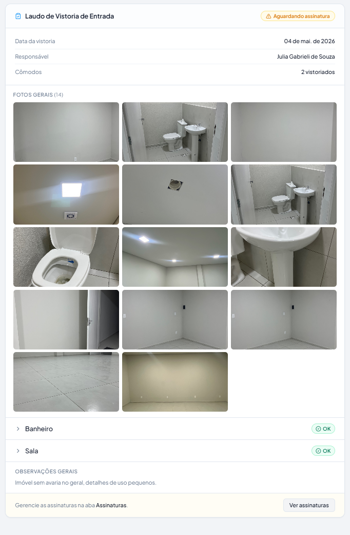 Tela de vistoria de entrada do imóvel